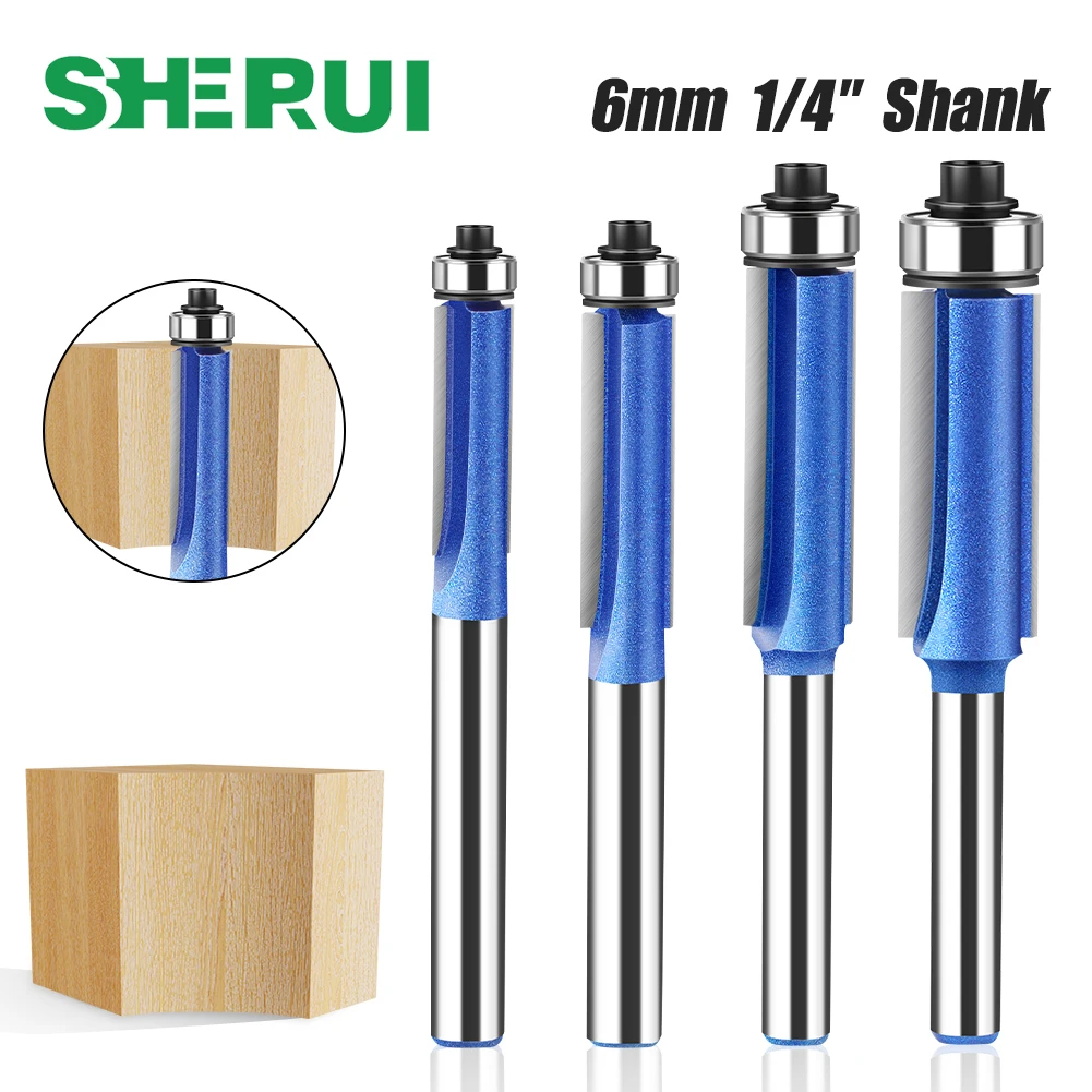 

6mm 1/4in Shank Flush Trim Router Bit with Bearing Template Pattern Bit Tungsten Carbide Milling Cutter Woodworking Tool