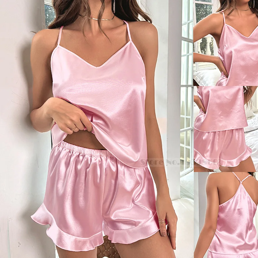 Summer Women Sleepwear Suspender Pajamas Set Sexy Ruffle Nightwear Strap Top Shorts Lingerie