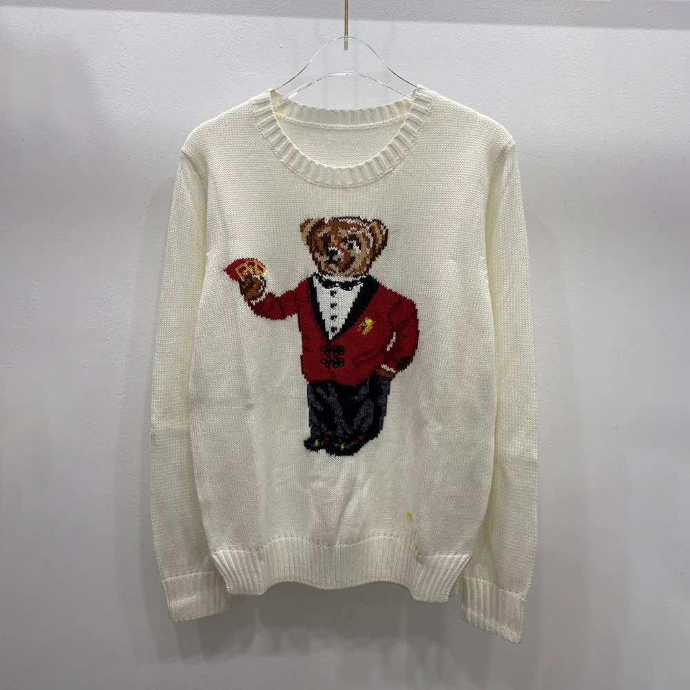 

Весенний пуловер из смесовой шерсти с длинным рукавом, белый свитер с мультяшным медведем, эластичные Повседневные свитера с круглым вырезом, Женская трендовая одежда, милый топ