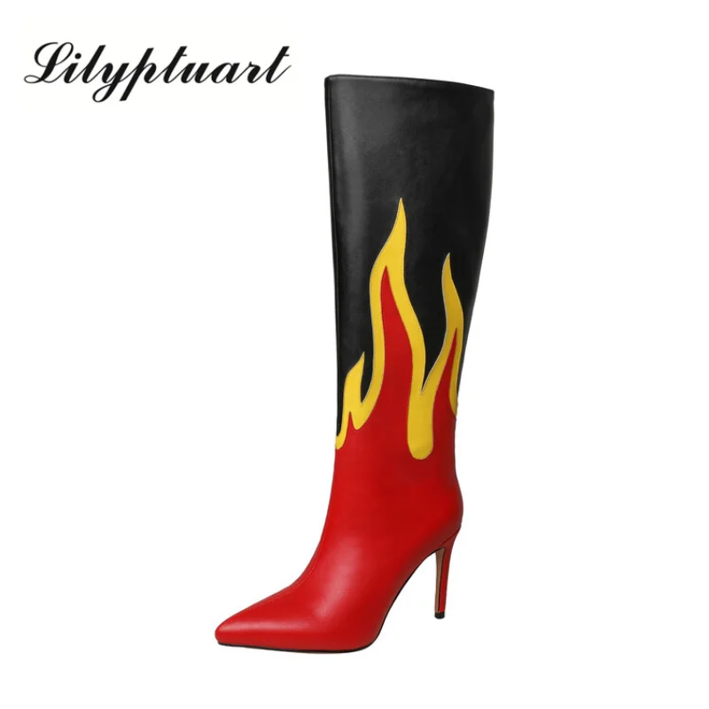 New Fashion Women's Boots Pointed Toe Stiletto Heel Flame Pattern Red Thigh High Boots Colored Painted Knee Length Boots Size44
New Fashion Women's Boots Pointed Toe Stiletto Heel Flame Pattern Red Thigh High Boots Colored Painted Knee Length Boots Size44