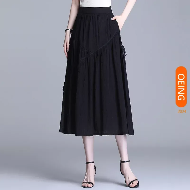 

Women's Skirt 2024 Spring Summer Elegant Loose Spliced A-line Elastic High Waist Black Big Swing Long Skirts Plus Size 4XL 23806