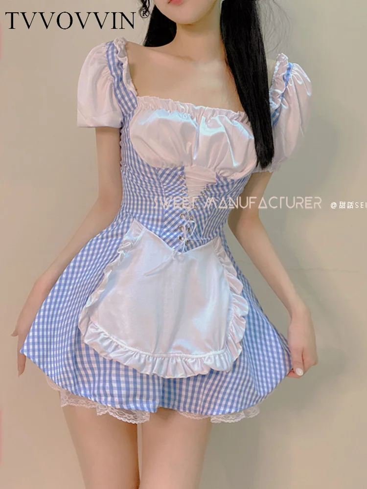 

Chic TVVOVVIN Prairie Sweet Lolita JK Maid Outfit Student Japanese Mini Puff Sleeve Dress Hot Sexy Korean Women Tops Robe 440W