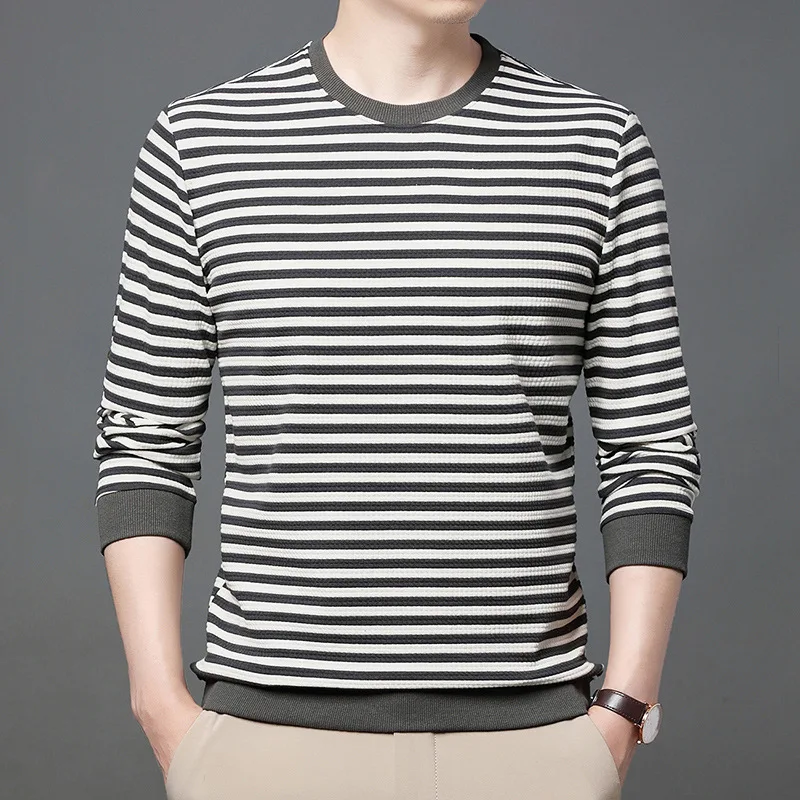 

Autumn Winter Men's Pullover Round Neck Stripe Screw Threa Solid Long Sleeve Sweater Knitted Underlay Fashion Casual Tops