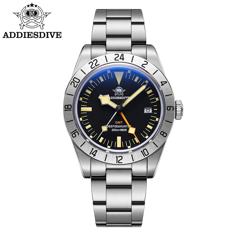 

ADDIESDIVE 39mm GMT Watch Retro Dial Swiss Quartz BGW9 Super Luminous Bubble Glass 316L Steel 200m Waterproof Men GMT Wristwatch