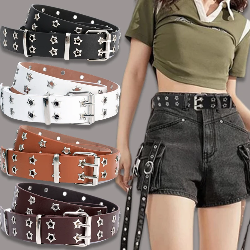 

NEW Star Eye Rivet Belt Goth Style Double Pin Buckle Man/woman Fashion Casual Puck Style Pu Leather Waistband for Jeans Young