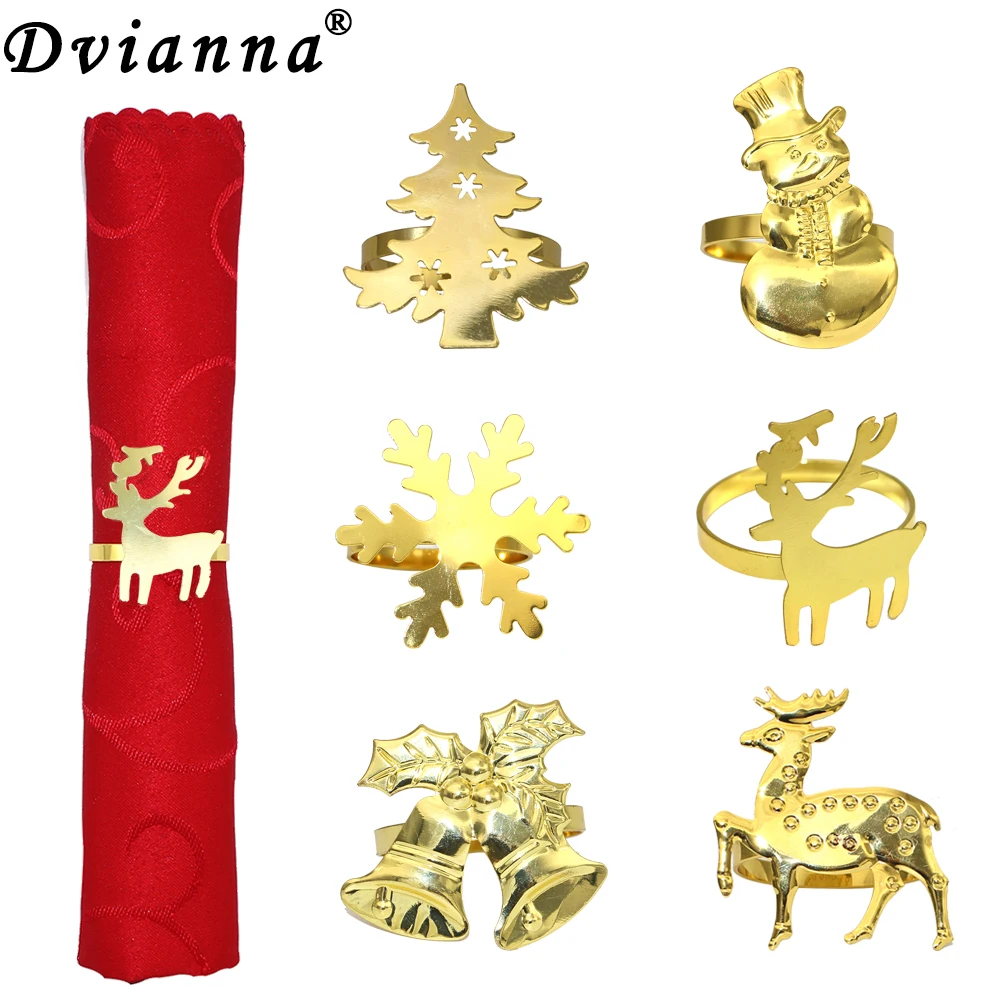 

12Pcs Gold Napkin Rings Holder Xmas Tree Bell Snowflake Deer Napkin Buckle for Christmas Wedding Party Table Decor Baby Shower