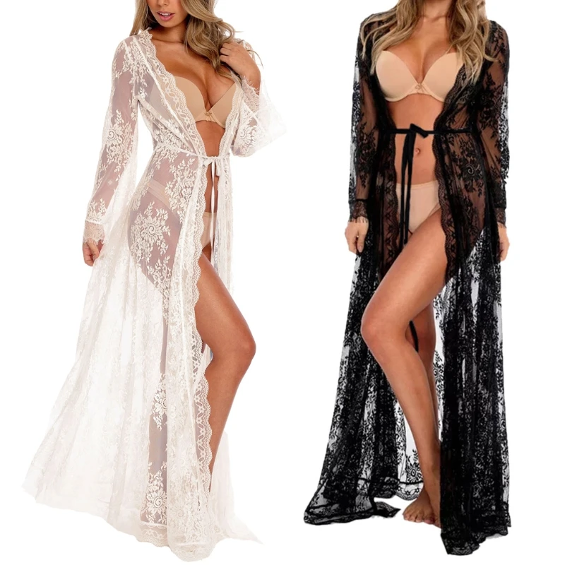 

Dropship Women Summer See-Through Floral Lace Maxi Beach Dress Scalloped Trim Open Front Kimono Cardigan Swimsuit Cover