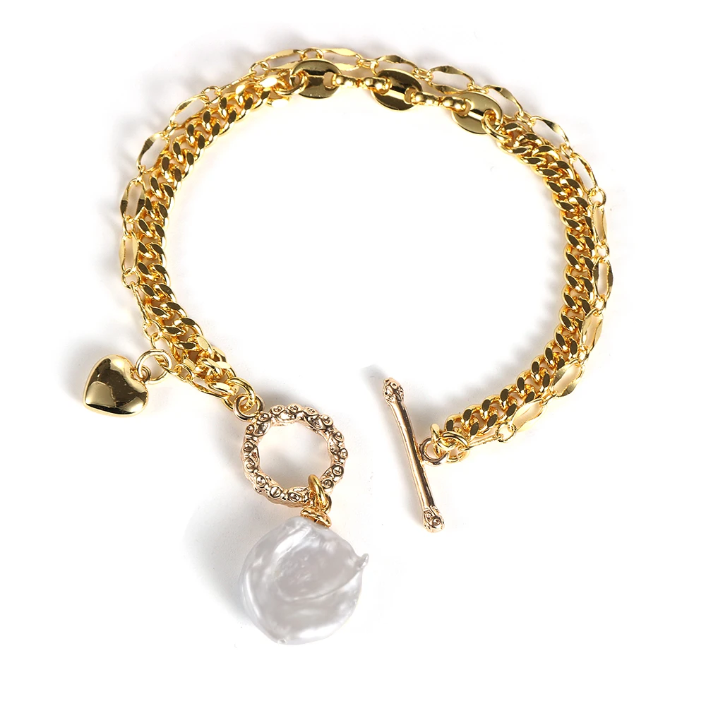 

Nabest Double Layer Baroque Freshwater Pearl Charm 18k Gold Plated Chain Bracelet for Women Heart Pendant OT Buckle Bracelet