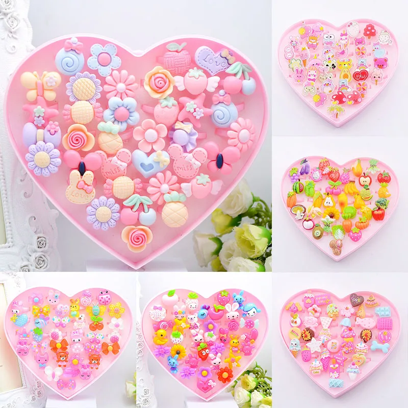 

36PCs/Box Kids Cute Cartoon Rings Flower Animal Shape Ring Set Mix Finger Jewelry Creative Accessories Girls Children Gifts