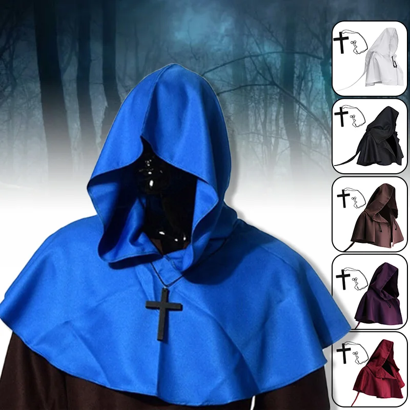 

Men Women Medieval Hooded Cloak With Cross Necklace Monk Wicca Pagan Hooded Cape Renaissance Halloween Cosplay Costume