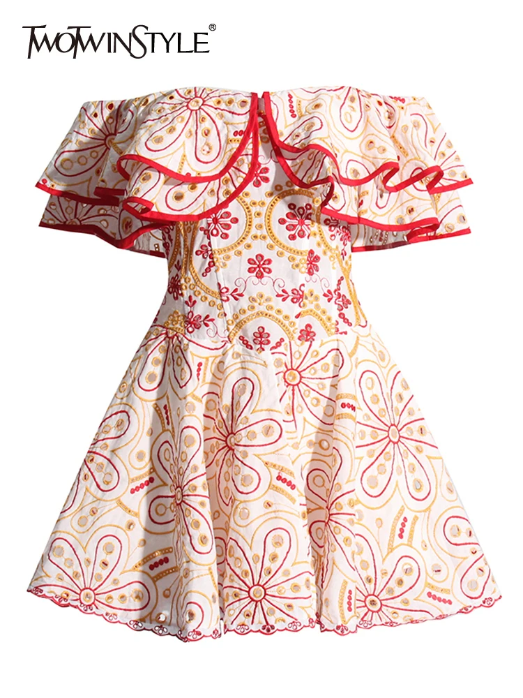 

TWOTWINSTYLE Colorblock Patchwork Ruffles Dress For Women Slash Neck Butterfly Sleeve High Waist Elegant A Line Dresses Female