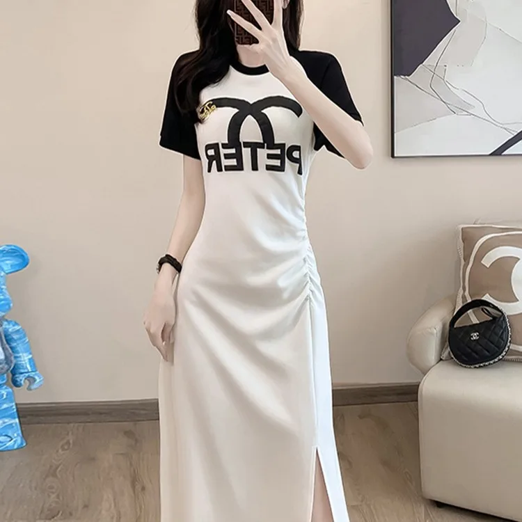 

2024 High End Waistband Pleated Dress Summer New Drape Pear Shaped Slightly Chubby Color Matching T-shirt Slit Long Skirt