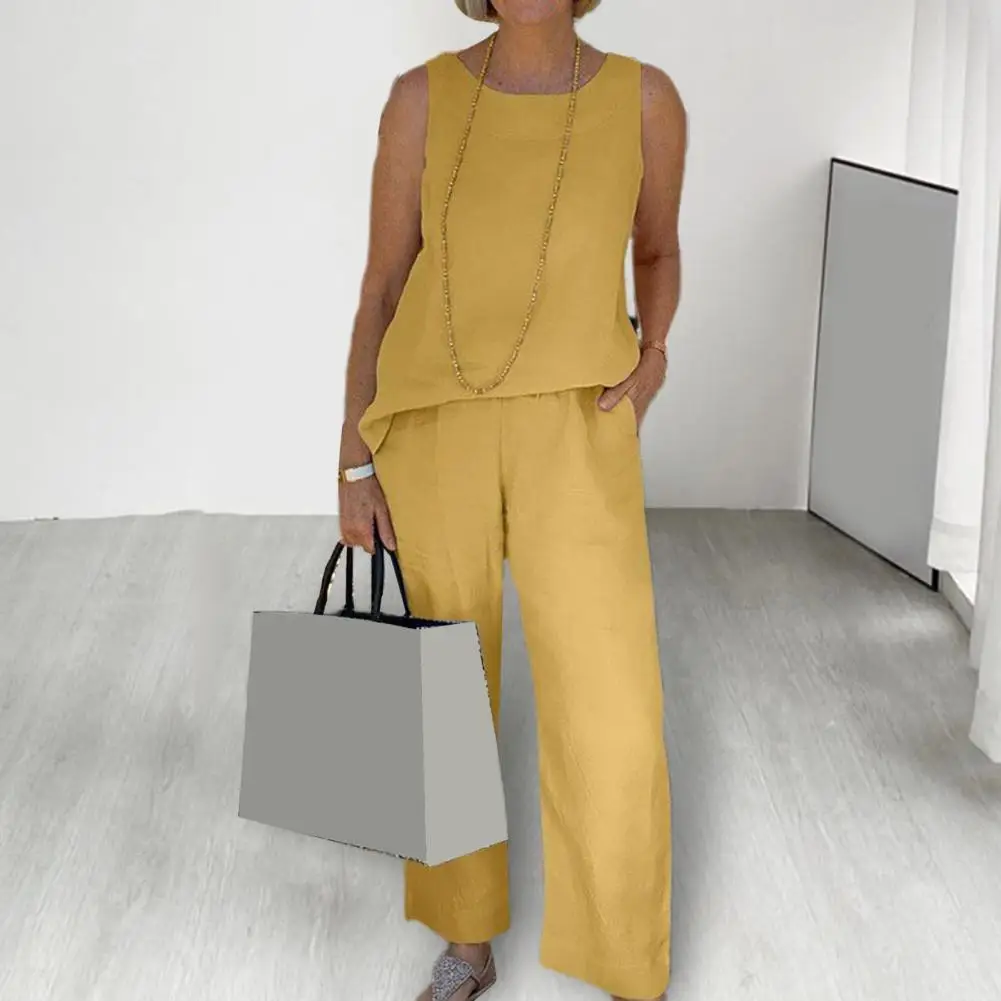 

Solid Color Outfit Stylish Sportswear Set with Elastic Waistband Wide Leg Pants for Women Outfit with O-neck Top Pockets Vest