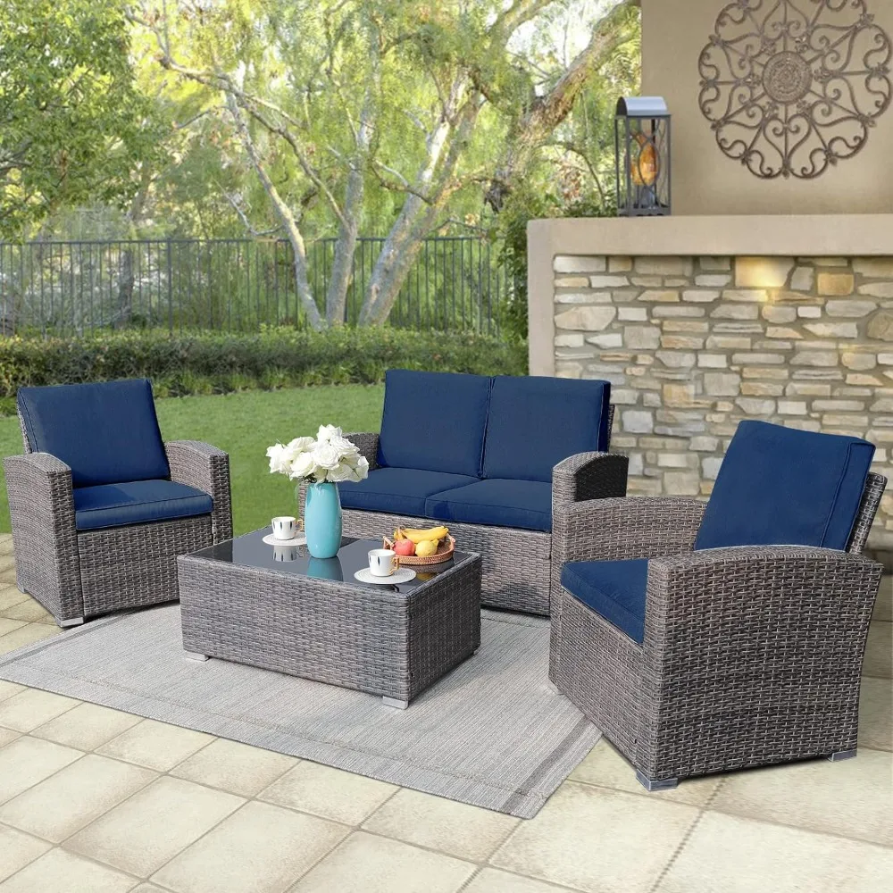 4 Piece Outdoor Patio Conversation Set, All-Weather PE Rattan Wicker Sectional Patio Sofa Tempered Glass Coffee Table,Navy Blue
4 Piece Outdoor Patio Conversation Set, All-Weather PE Rattan Wicker Sectional Patio Sofa Tempered Glass Coffee Table,Navy Blue