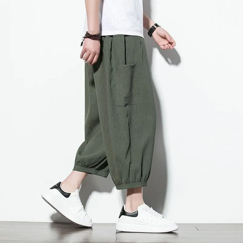 

2023 Pants Men's Summer Thin Style Nine Points Pants Loose Wide Leg Pants Fat Large Size Trend Casual Small Foot Haren Pants