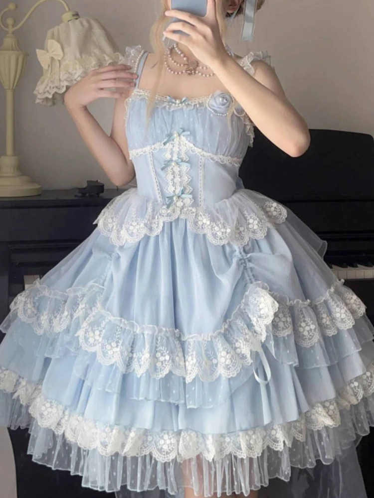Kawaii Clothing Lolita Dress Women Casual Lace Sleeveless Strap Dress Female Holiday Birthday Even Party Dress 2023 Summer Chic 
Kawaii Clothing Lolita Dress Women Casual Lace Sleeveless Strap Dress Female Holiday Birthday Even Party Dress 2023 Summer Chic