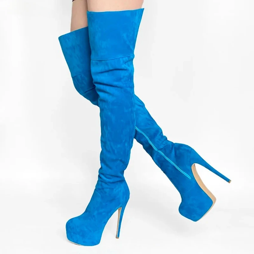 

2024 Wide Leg Customize Women Winter Thigh Boots Faux Suede Stiletto Heels Round Toe Sky Blue Party Shoes Plus US Size 5-20