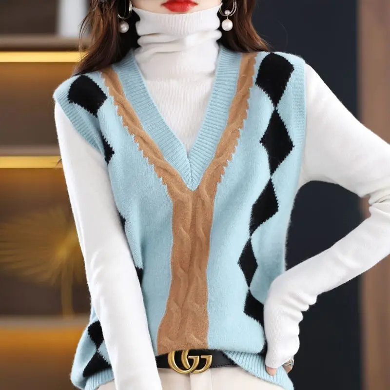 

Женский свитер, жилет в стиле преппи, вязаный женский джемпер без рукавов с V-образным вырезом, Повседневный пуловер на весну и осень, топы U1312
