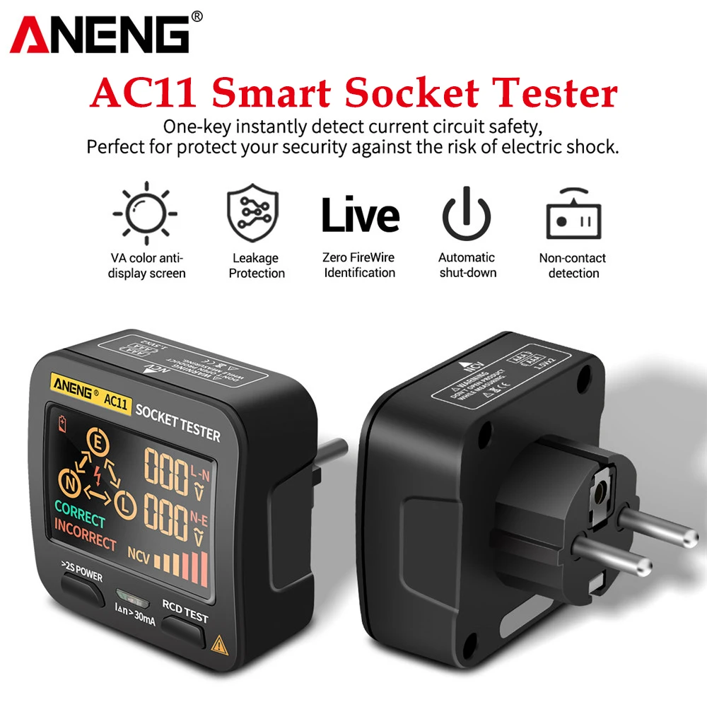 ANENG AC11 Digital Smart Socket Tester Zero Line Voltage Test Socket Detector US/UK/EU/AU Plug Ground Phase Check Rcd NCV test
ANENG AC11 Digital Smart Socket Tester Zero Line Voltage Test Socket Detector US/UK/EU/AU Plug Ground Phase Check Rcd NCV test