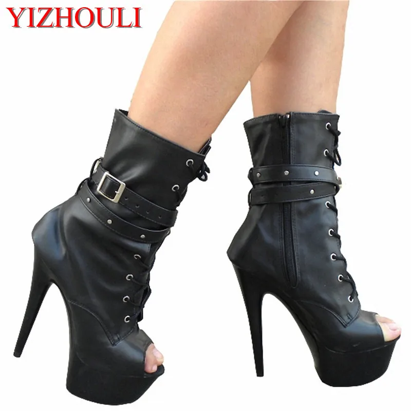 

Ultra thin heels boots sexy peep toe women's shoes 15cm fashion magazine boots black Fetish High Heel Shoes 6 inch ankle dance s