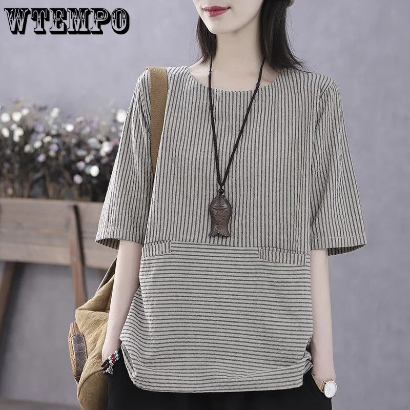 Полосатая женская футболка WTEMPO, винтажная свободная тонкая летняя футболка с коротким рукавом, Повседневная Универсальная футболка, одежда в стиле Харадзюку 
Полосатая женская футболка WTEMPO, винтажная свободная тонкая летняя футболка с коротким рукавом, Повседневная Универсальная футболка, одежда в стиле Харадзюку