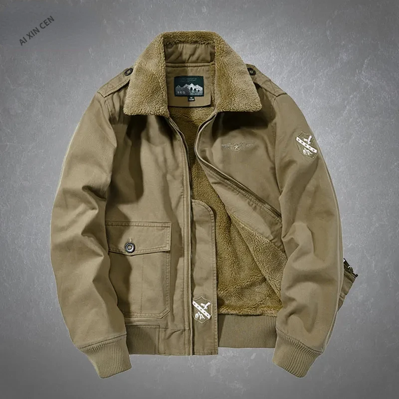 

Pilot Military Jacket Men Winter Fleece Lined Warm Lambswool Outwear Male Casual Fur Collar Bomber Tactical Zipper Mens Jackets