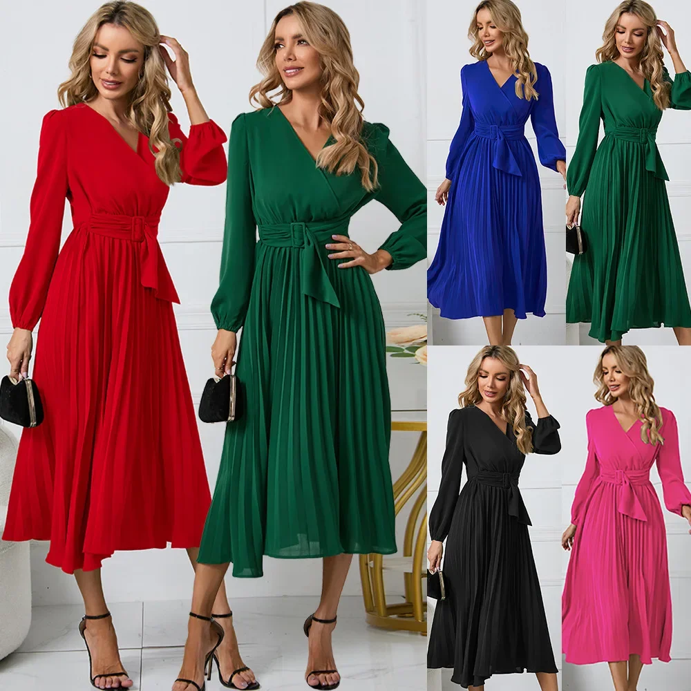 2024 Slimming Women's Wear New Long sleeved Slim Fit 100 pleated Belt V-neck Dress A-line bodycon dress YBF44-3
2024 Slimming Women's Wear New Long sleeved Slim Fit 100 pleated Belt V-neck Dress A-line bodycon dress YBF44-3