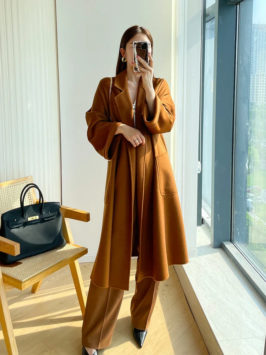 

Caramel Labbro 100% Cashmere Double-sided Water Ripple Coat Women's Coat Women's High-end Medium Length Hepburn Style