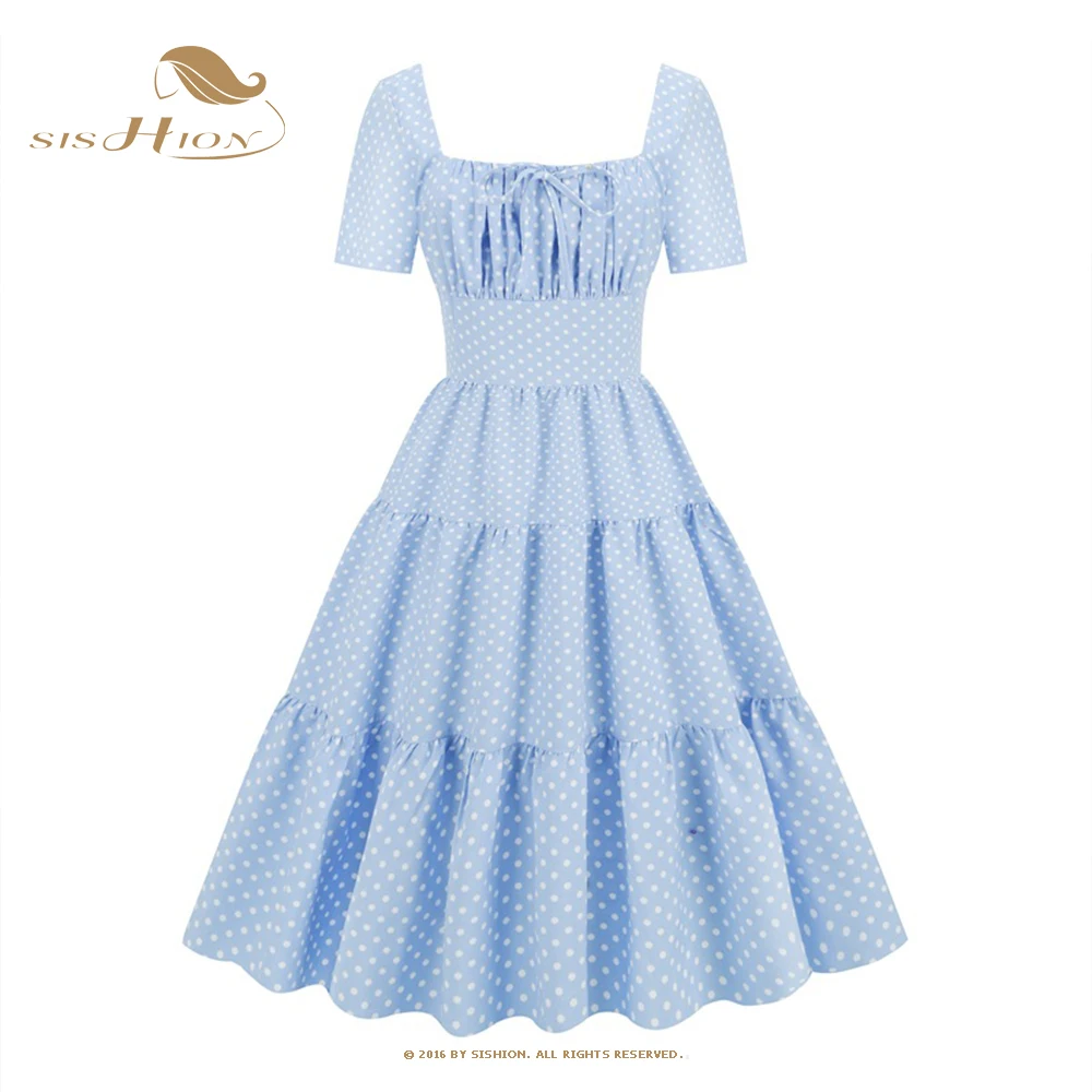 SISHION Square Neck Ruched Bow Front High Waist Elegant Blue Dress Women Polka Dot Print Pleated Summer Vintage Dresses VD3331 
SISHION Square Neck Ruched Bow Front High Waist Elegant Blue Dress Women Polka Dot Print Pleated Summer Vintage Dresses VD3331