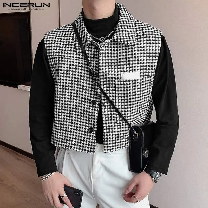 

INCERUN Tops 2023 Korean Style Handsome New Men's Checkered Vests Casual Streetwear Male Short-style Sleeveless Waistcoat S-5XL