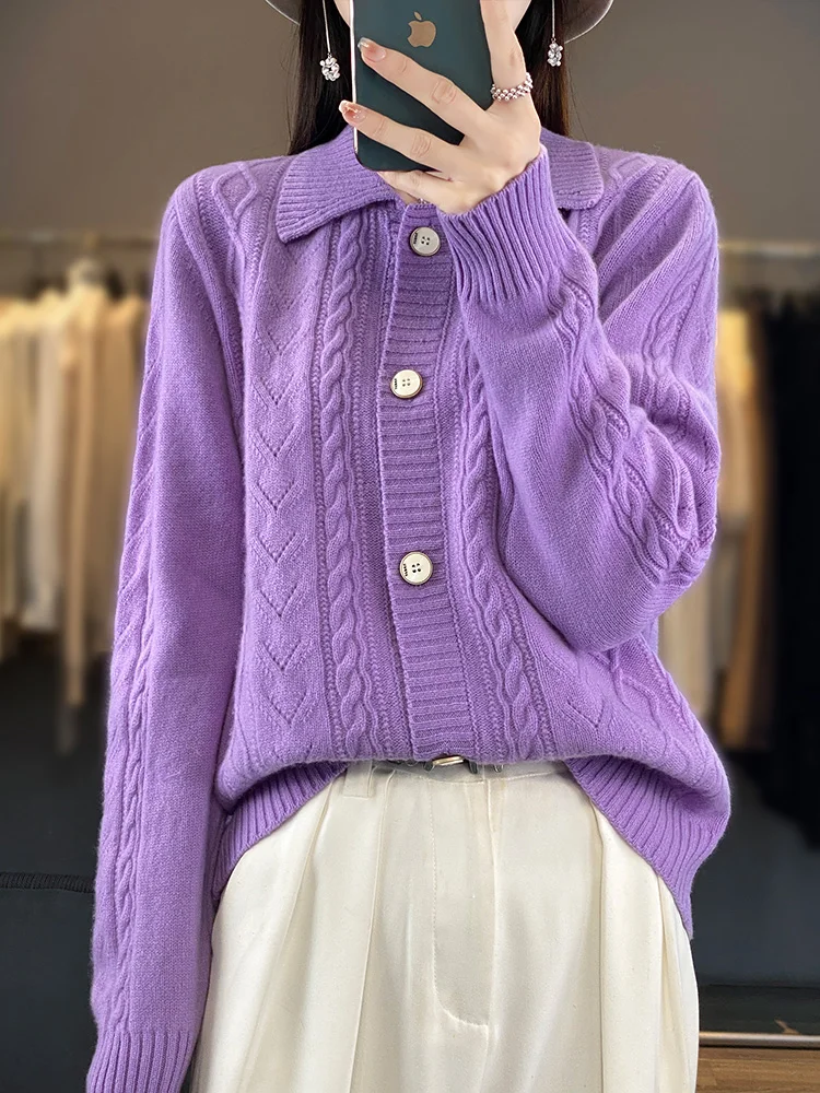 

New Spring Autumn Winter Sweater For Women 100% Merino Wool Cardigan POLO-Collar Long Sleeve Twist Flower Warm Knitwear Tops