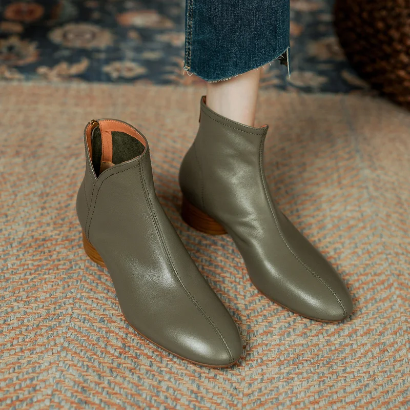 

Woman Ankle Boots Round Toe Ladies Cowhide Shoes Korea Style Modern Botas Autumn Spring Daily Shoes Back Zippers Winter Botas