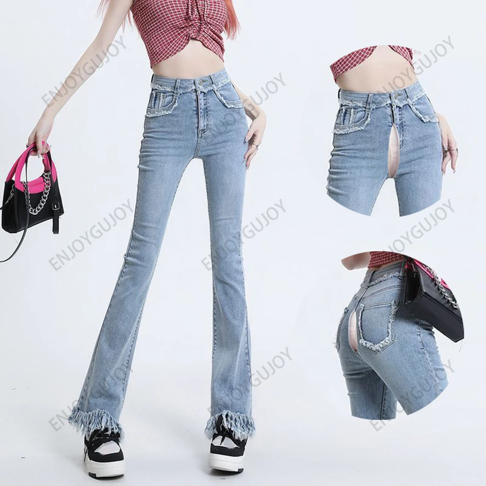 

Slim Mopping The Floor Pants Invisible Open Crotch Outdoor Sex Tassel Edge Micro Flared Jeans Ms High Waist Blue