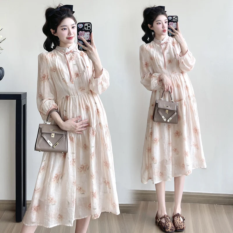 2025 Spring Autumn Maternity Floral Dress Ruffled Stand Collar Long Sleeve Pregnancy Chiffon Dress Sweet Fashion Pleated Shirts 7 Sa7d2561e01534190899aaa453719fe768