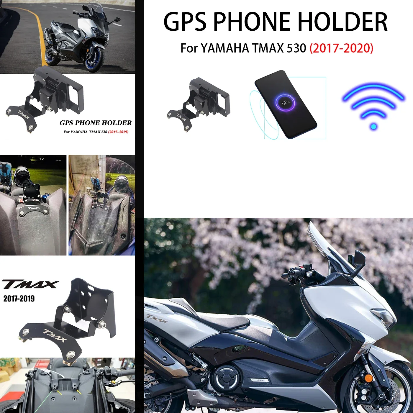

For YAMAHA TMAX 530 T-MAX 530 DX 2017-2021 Motorcycle GPS Navigation Plate USB Charger Phone Holder Stand Bracket
