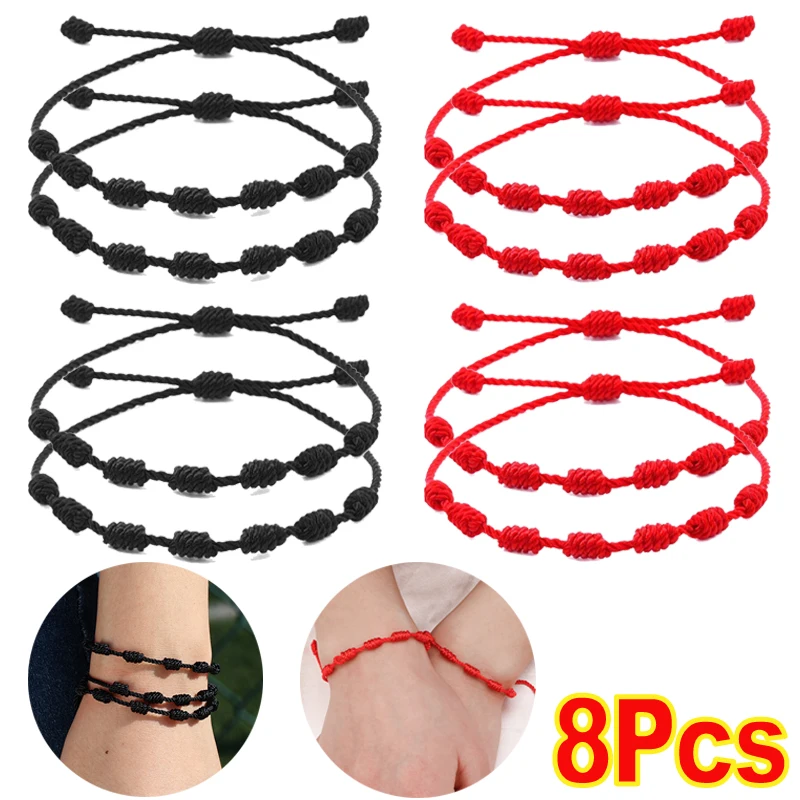 

Lucky Knots Bracelets Handmade 7 Knot Black Red String Bracelet Braided Adjustable Bracelet Lover Friendship Bangle Lucky Bangle