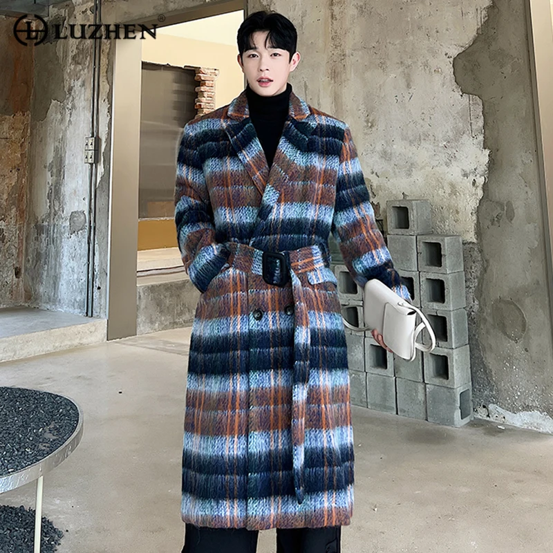 

LUZHEN Fashion Men's Woolen Long Coat Trend 2023 High End Niche Design Plaid Medium Length Wool Overcoat Tide Windbreaker 84967e