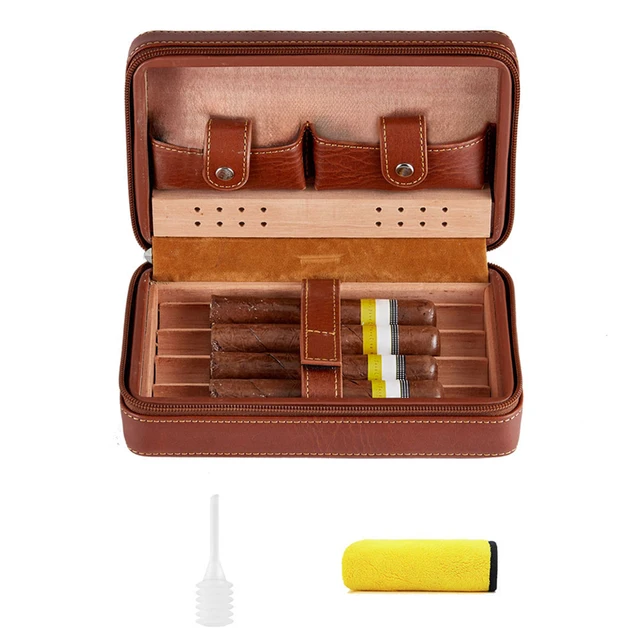 Étui à cigares en bois de cèdre, boîte à cigares en cuir de voyage, kit de rangement de 4 humidificateurs à cigares, accessoires de support d'humidification portables en bois de cèdre 1