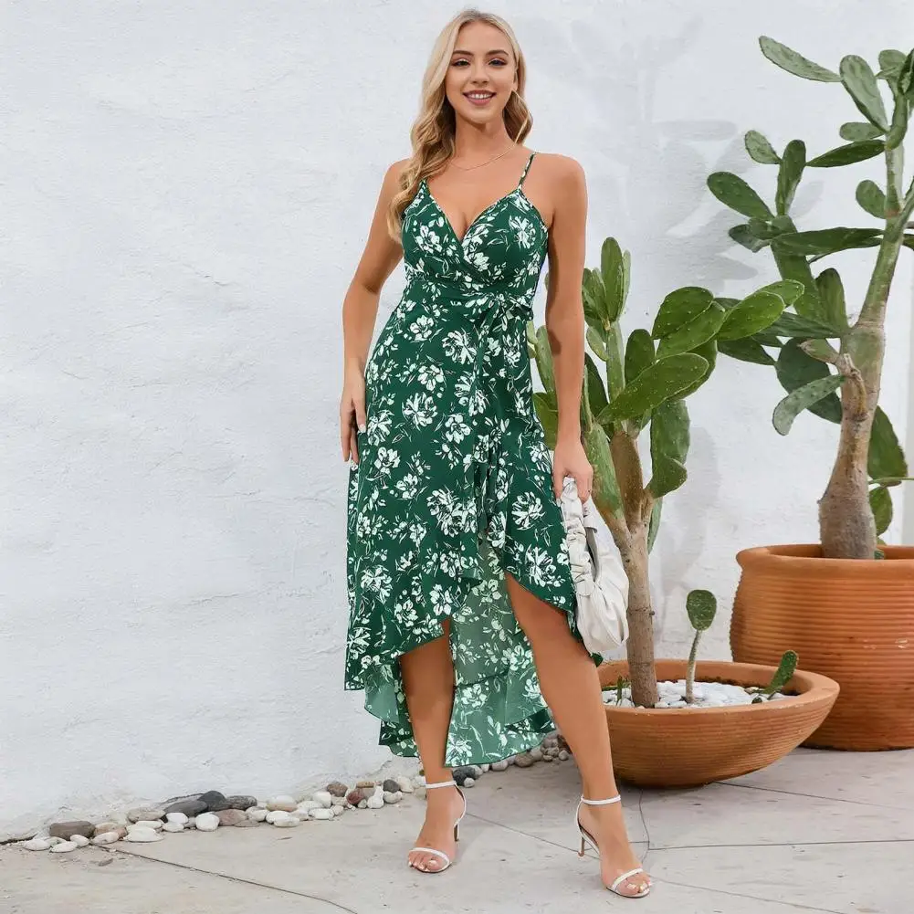 

Summer Dress Floral Print Strappy Midi Dress with Lace-up Detail Ruffle Hem Women's Vacation Beach Sundress Loose Fit Dress