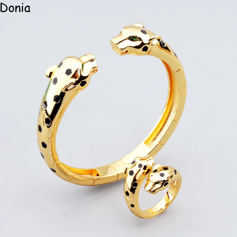 

Donia Jewelry Europe and America double headed Green Eye Leopard titanium steel set AAA zircon bracelet ring luxury enamel set