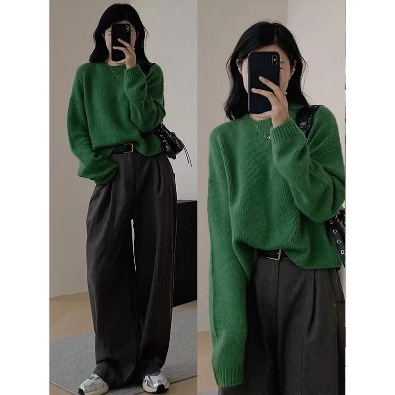 

Green soft glutinous pullover sweater for women in spring, autumn, winter, lazy style, loose knit shirt, short long sleeved top