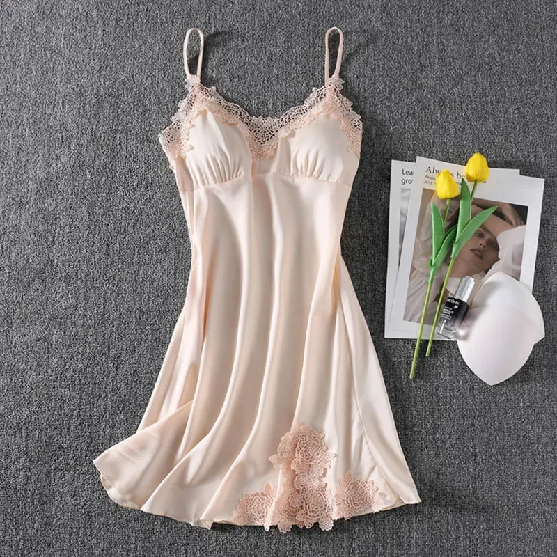 

Sexy Spaghetti Strap Nightdress Sleepshirt Lace Womens Backless Nightgown Summer Sleeveless Nighty Gown Lounge Satin Sleep Drees