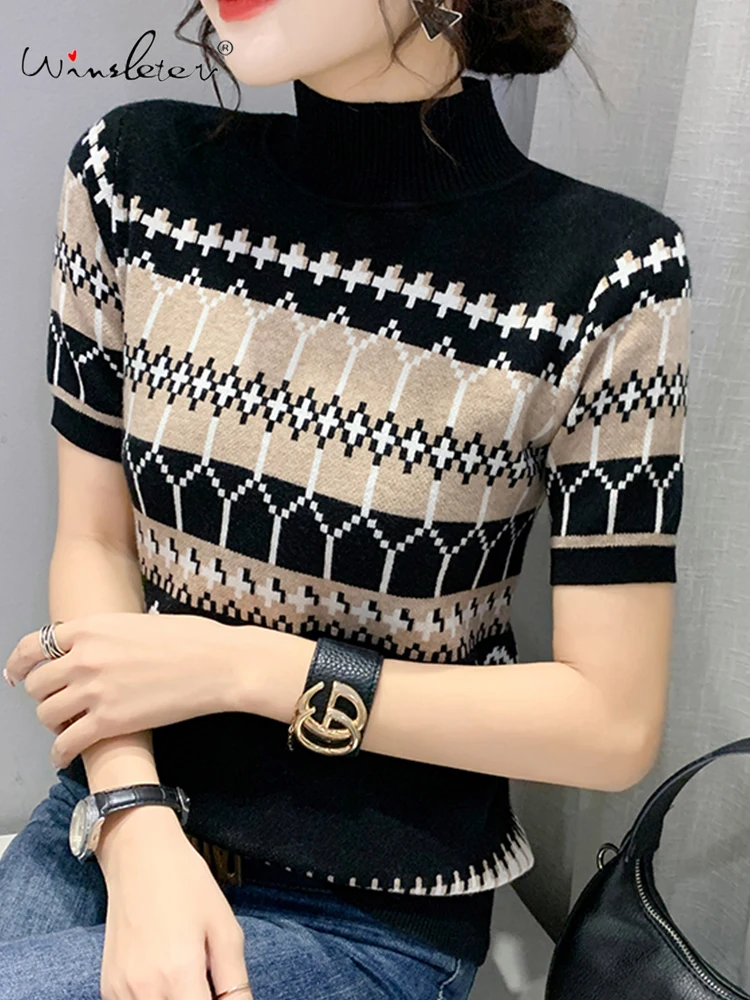 Spring Summer 2022 Knitted T-shirt Women Wave Striped Color Block Mock Neck Short Sleeve Tops Tees Knitwear T24707X
Spring Summer 2022 Knitted T-shirt Women Wave Striped Color Block Mock Neck Short Sleeve Tops Tees Knitwear T24707X