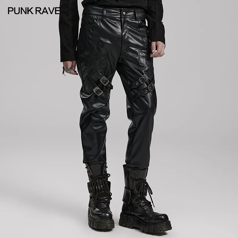 

PUNK RAVE Men's Punk Geometric Divisionfaux Leather Pants Men Club Handsome Casual Cool Black Trousers Autumn/Winter