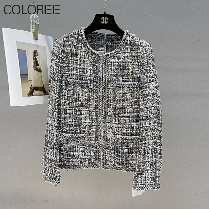 

High Quality Gray Tweed Jacket for Women 2023 Autumn Winter Vintage O-neck Woven Chaquetas Para Mujeres Korean Jaqueta Feminina