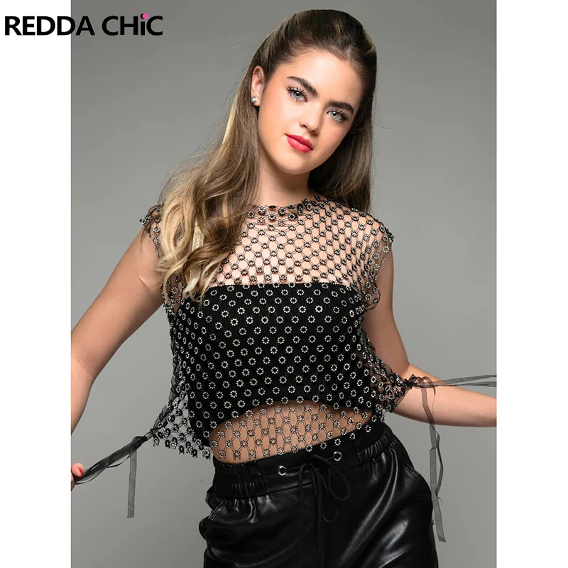 

REDDACHiC Sparkly Floral Diamond Ribbon Tank Top Women Retro Mesh Hollow Out Body Chains Smocked Top Overlay Sexy Nigh Clubwear