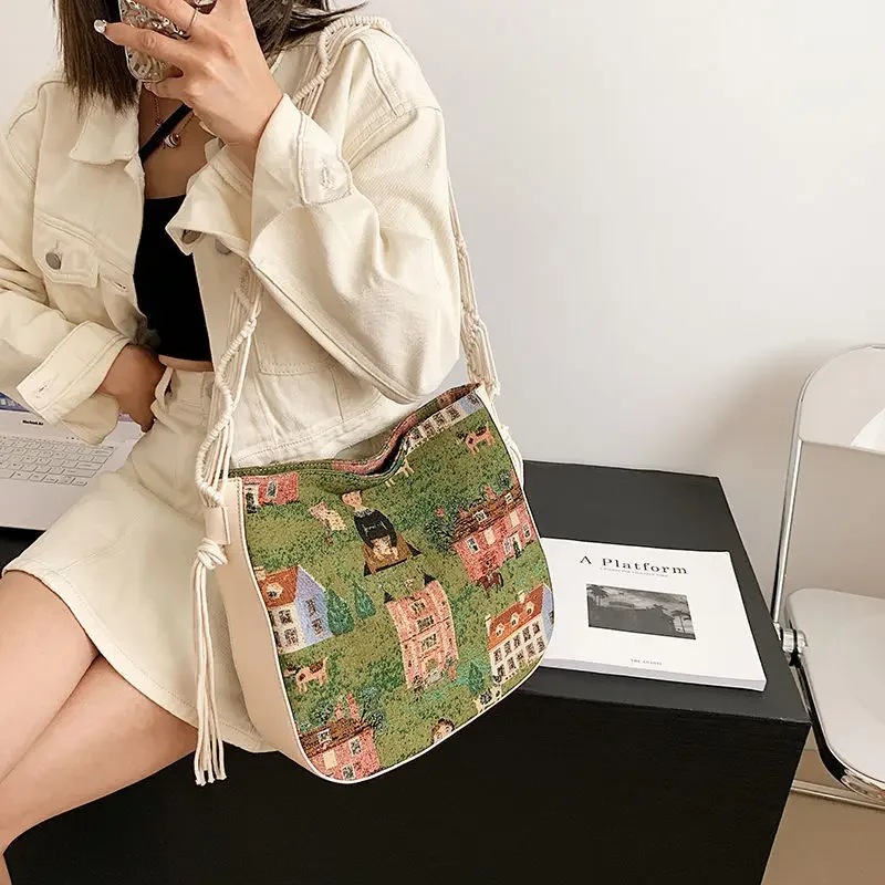 

Japanese Korean Y2k Casual Versatile Large Capacity Women Shoulder Bag Canvas Printed Handbag Women Personality Underarm Package