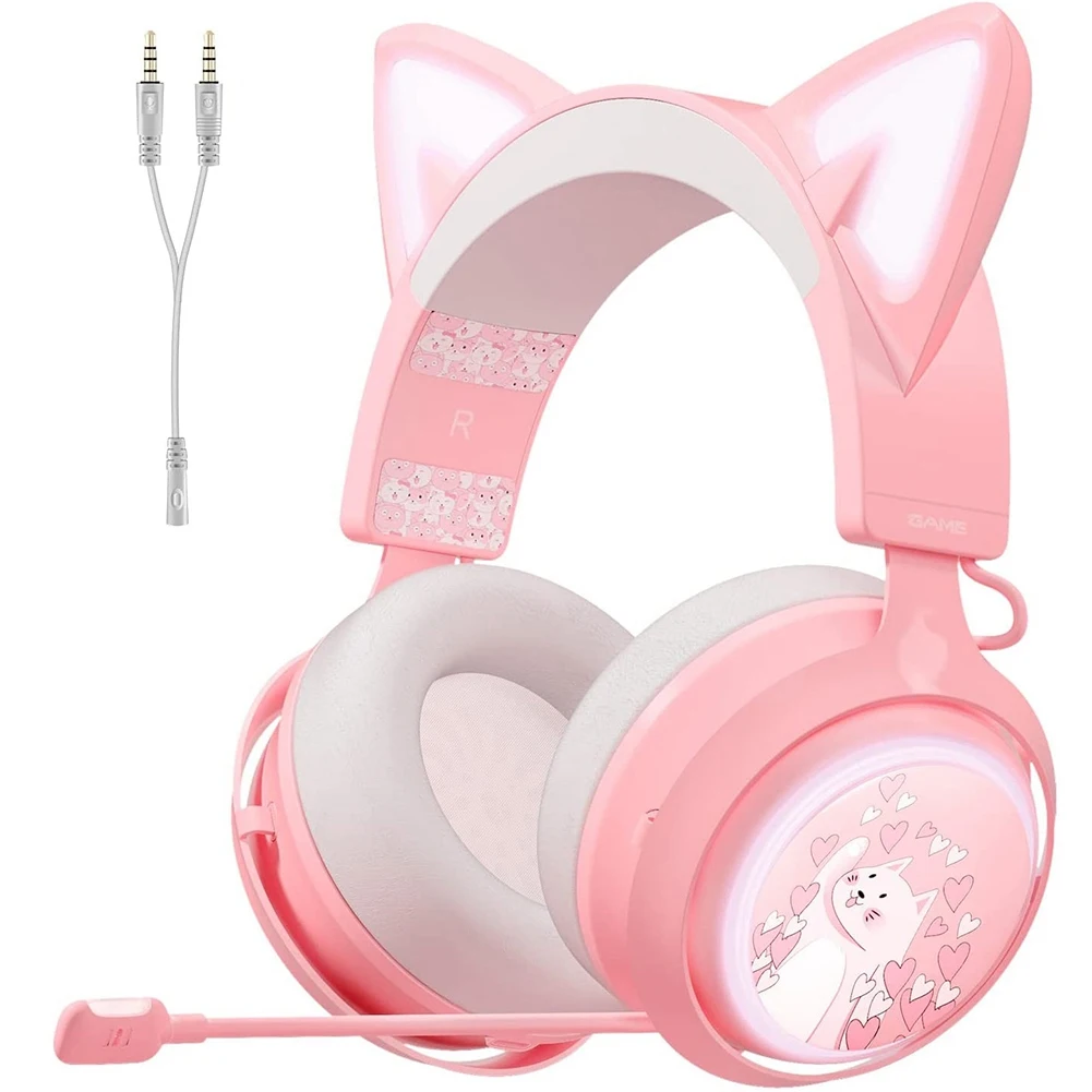 

SOMIC GS510 Cat Ear Headphones USB 3.5mm Gaming Wired Headphones Over-Ear Headphones with Mic for PS5/PS4/PC, Pink