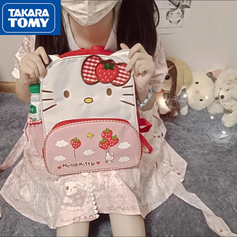 

TAKARA TOMY Children's Hello Kitty New Adjustable Large-capacity Schoolbag Girls Cartoon Cute Double-Grid Casual Backpack