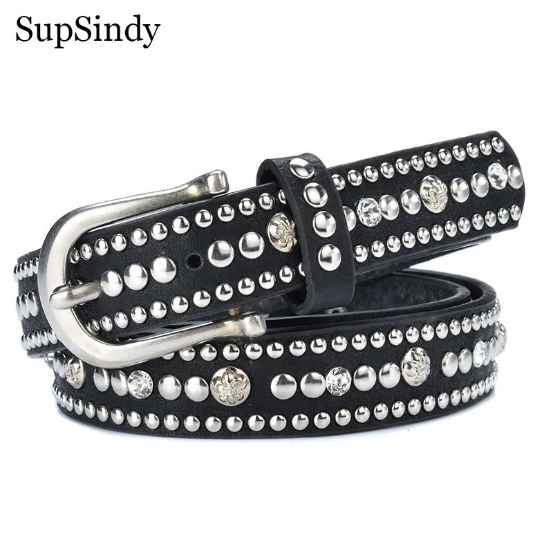 

SupSindy Women Leather Belt Pin Buckle Luxury Brand Retro Metal Rivet Cowskin Belts For Women Jeans Waistband Female Strap Black